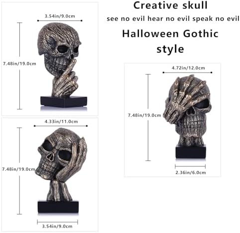 Black and Gold See No Evil Skull Statue - Gothic Halloween Decor