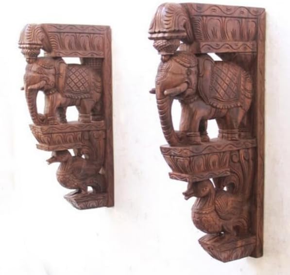 2 Pcs Wall Bracket Elephant Wooden Statue Vintage Home Decor
