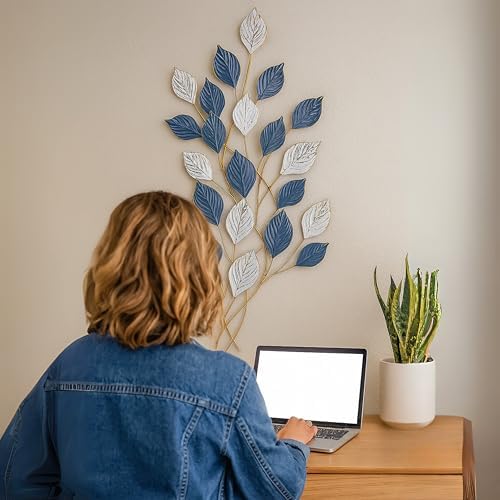 Vertical 3D Leaf Metal Wall Art - Textured Green and White Wall Sculpture