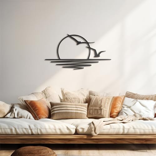 FAWdecor Seagulls Sunset Metal Wall Art - Minimalist Sunrise Sculpture for Home Decor