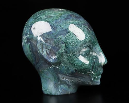 Skullis Crystal Skull Sculpture Green Moss Agate