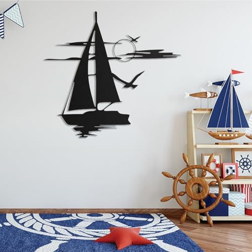 Metal Sailboat Wall Art Ocean Theme 24x22 Inches Black