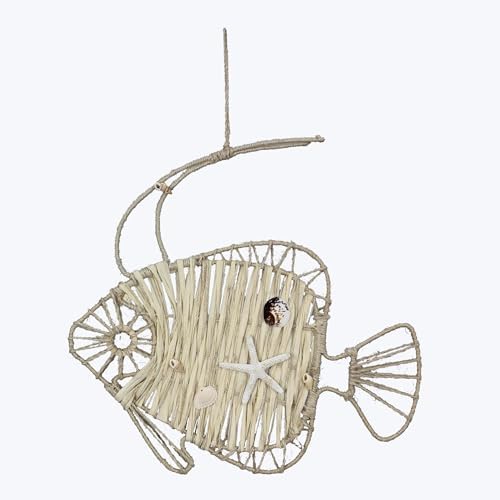 Youngs Inc Rope Weaved Straw Fish Wall Art with Shells