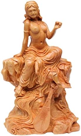 Lute Girl Statue Solid Wood Decor Figurine