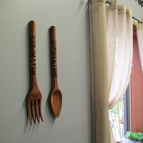 Zeckos Set of 2 Carved Tiki Wooden Spoon Fork Wall Sculptures