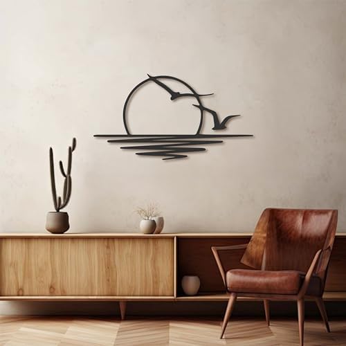 FAWdecor Seagulls Sunset Metal Wall Art - Minimalist Sunrise Sculpture for Home Decor