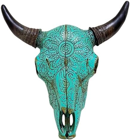 Rustic Wall Sculpture with Turquoise Floral Tribal Carved Bull Head Skull