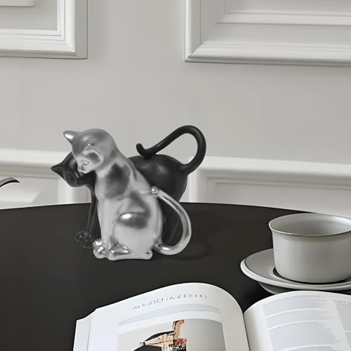 Black and Silver Cat Statue Couple Sculpture Decor