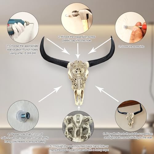 Ysjndasm Longhorn Cow Skull Wall Decor 31x24x7 Inch White