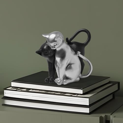 Black and Silver Cat Statue Couple Sculpture Decor