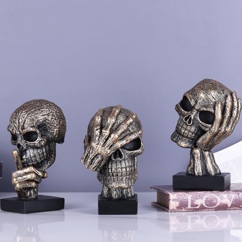 Black and Gold See No Evil Skull Statue - Gothic Halloween Decor