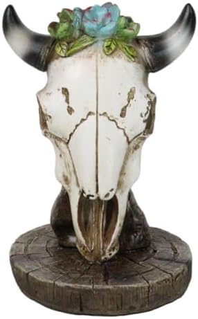 Ebros Gift Cow Skull Floral Sculpture with Wooden Base