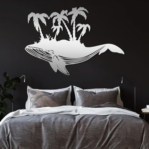 Metal Whale Palm Tree Wall Art Silver 16x24