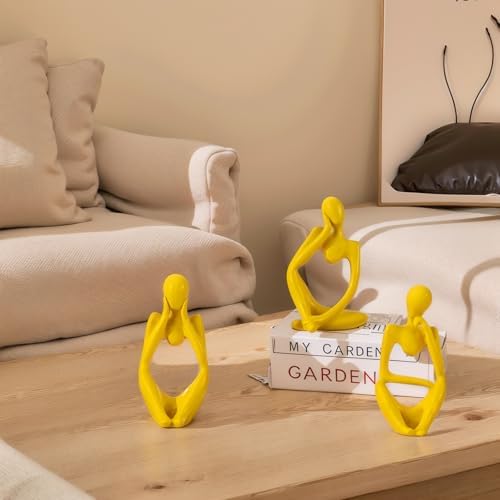 Yellow Blue Thinker Statue Set of 3 - Modern Sculpture Decor