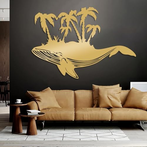 Metal Whale Palm Tree Wall Art Silver 16x24