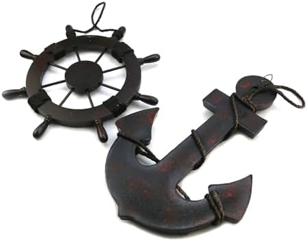 Mewutal 2PCS 11 Inch Wooden Ship Steering Wheel and 13 Inch Wood Anchor Wall Decor