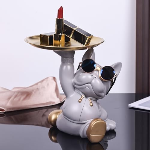 French Bulldog Butler Statue with Key Tray Grey