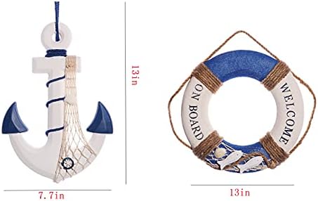 2 Pack 13 Inch Nautical Wooden Ship Wheel and Anchor with Rope Wall Art Decor