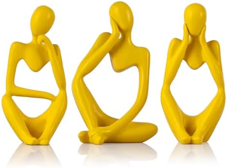 Yellow Blue Thinker Statue Set of 3 - Modern Sculpture Decor