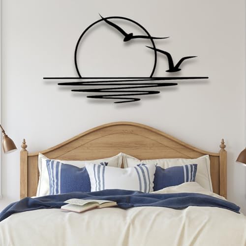Sunrise Metal Wall Art - Seagulls Sunset Decor Black 30x16 Inch