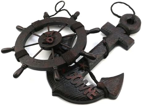 Mewutal 2PCS 11 Inch Wooden Ship Steering Wheel and 13 Inch Wood Anchor Wall Decor