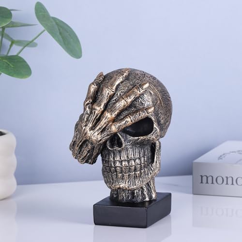 Black and Gold See No Evil Skull Statue - Gothic Halloween Decor