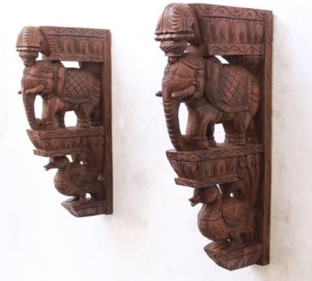2 Pcs Wall Bracket Elephant Wooden Statue Vintage Home Decor