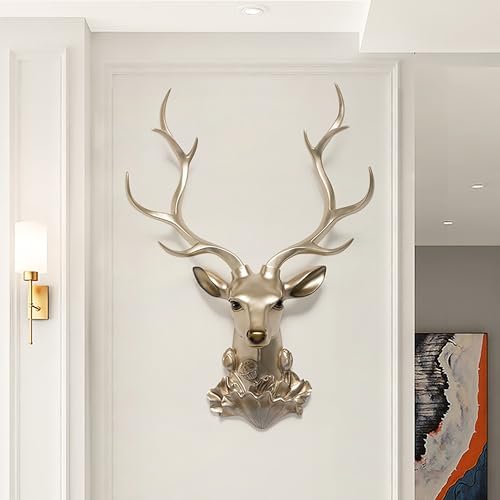 Gold Deer Head Wall Decor with Real Stone Antlers