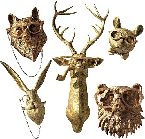 Artocery 5pcs Brass Gold Animal Head Wall Decor