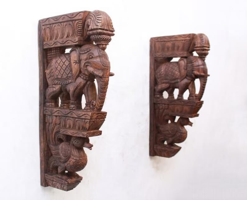 2 Pcs Wall Bracket Elephant Wooden Statue Vintage Home Decor