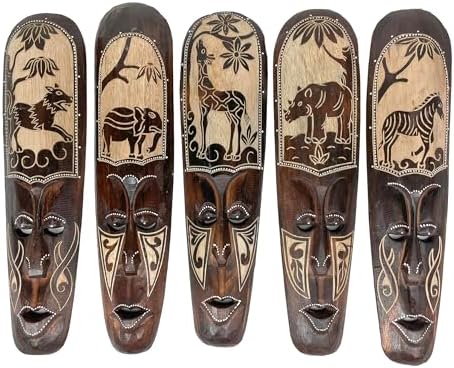 Artisan-Carved Wooden African Animal Wall Masks Set of 5