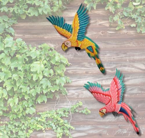 Handmade Wall Sculpture Metal Parrot Coral Yellow Blue Teal Medium Haiti Artisanat