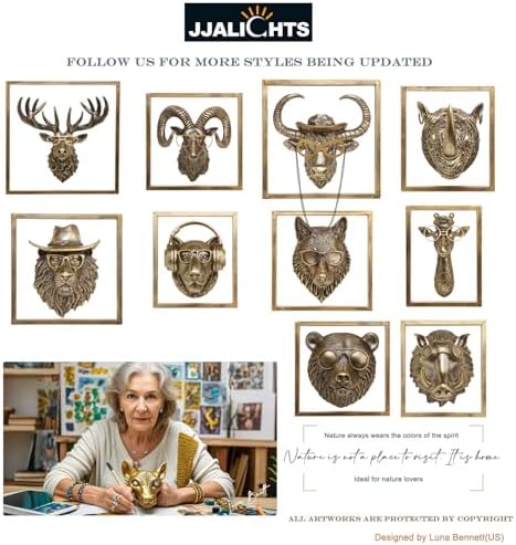 JJALIGHTS Resin Animal Head Wall Sculpture - Imitation Copper Vintage Decor for Living Room Bedroom Office