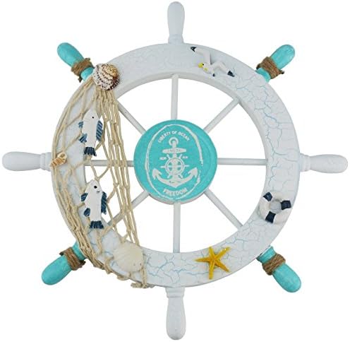 Ogrmar White Fish Nautical Wooden Ship Steering Wheel Wall Decor