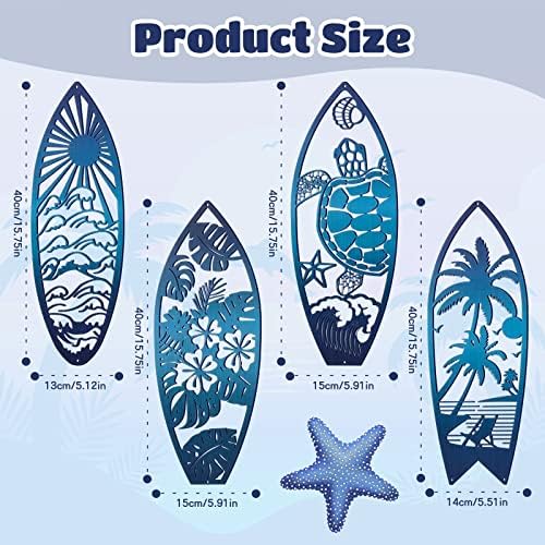 Therwen 4 Pcs Metal Surfboard Wall Decor Blue
