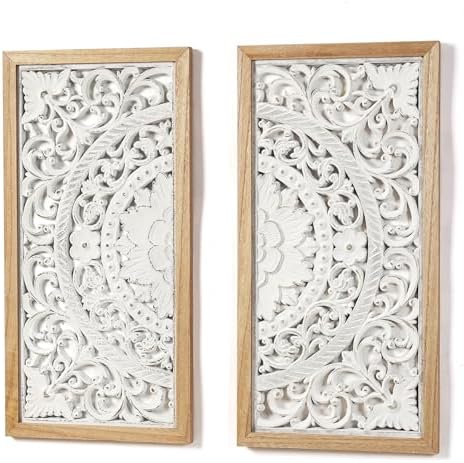 AHUONEL 2 Panel Wall Sculpture Decor Carved Wood Wall Art for Home Living Room Bedroom Entryway Hall Office Decor 23x115