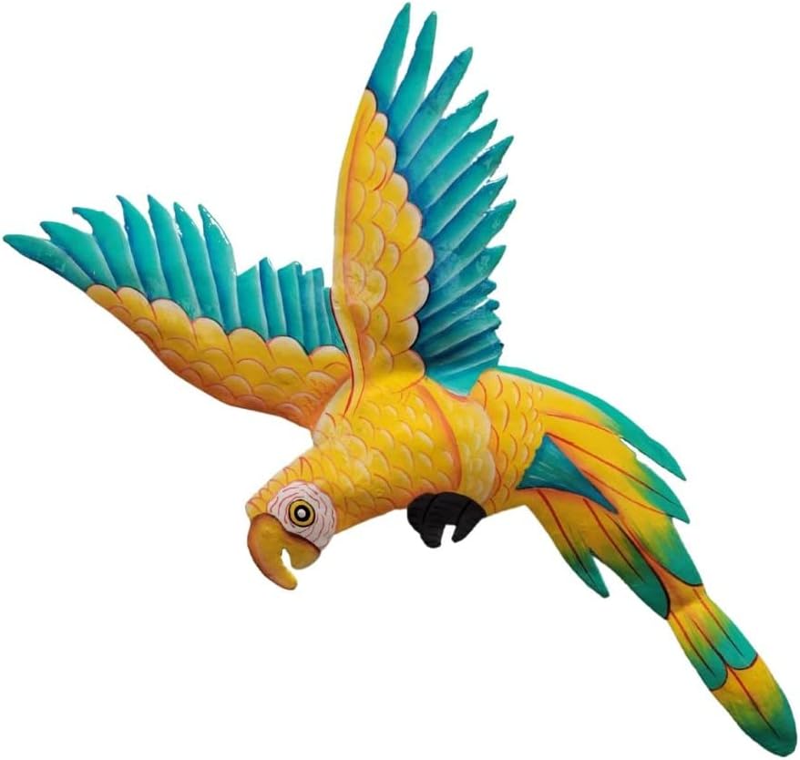 Handmade Wall Sculpture Metal Parrot Coral Yellow Blue Teal Medium Haiti Artisanat