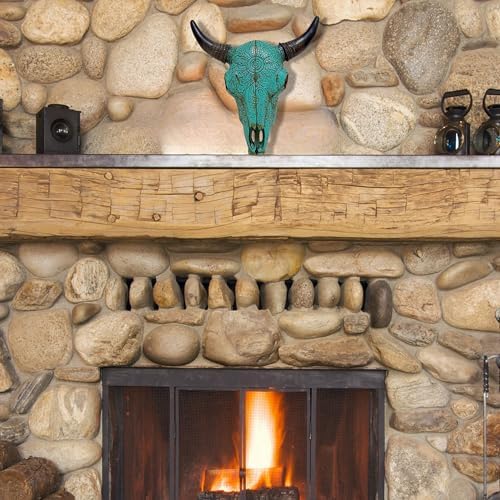 Rustic Wall Sculpture with Turquoise Floral Tribal Carved Bull Head Skull