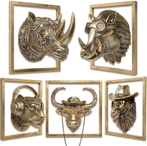 JJALIGHTS Resin Animal Head Wall Sculpture - Imitation Copper Vintage Decor for Living Room Bedroom Office