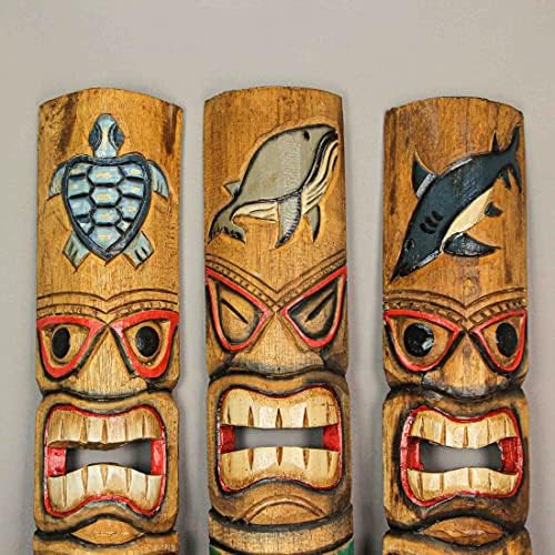 Set of 3 Hand-Carved Ocean Animal Wall Masks - Brown Wood Decor 40 Inch Tall