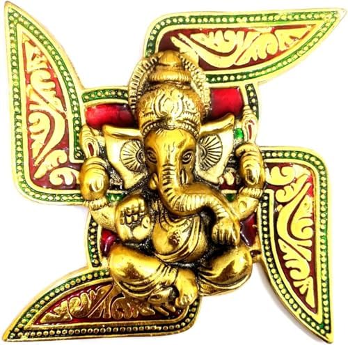 Ganesha Metal Wall Hanging Sculpture with Swastik Design and Gold Red Finish