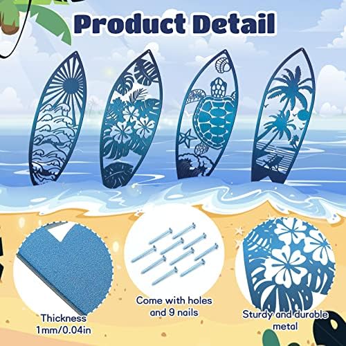 Therwen 4 Pcs Metal Surfboard Wall Decor Blue