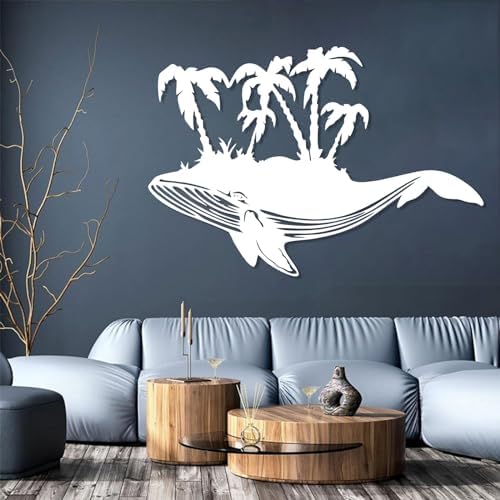 Metal Whale Palm Tree Wall Art Silver 16x24
