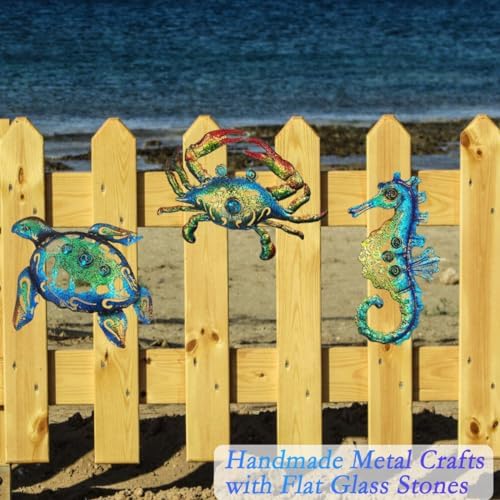 Weibefee 10 Inch Metal Wall Art Set of 3 Sea Turtle Seahorse Crab