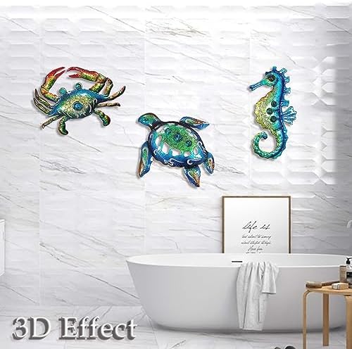 Weibefee 10 Inch Metal Wall Art Set of 3 Sea Turtle Seahorse Crab