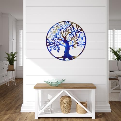 Heat-Blued Metal Tree of Life Wall Sculpture 118 Round Spiritual Decor