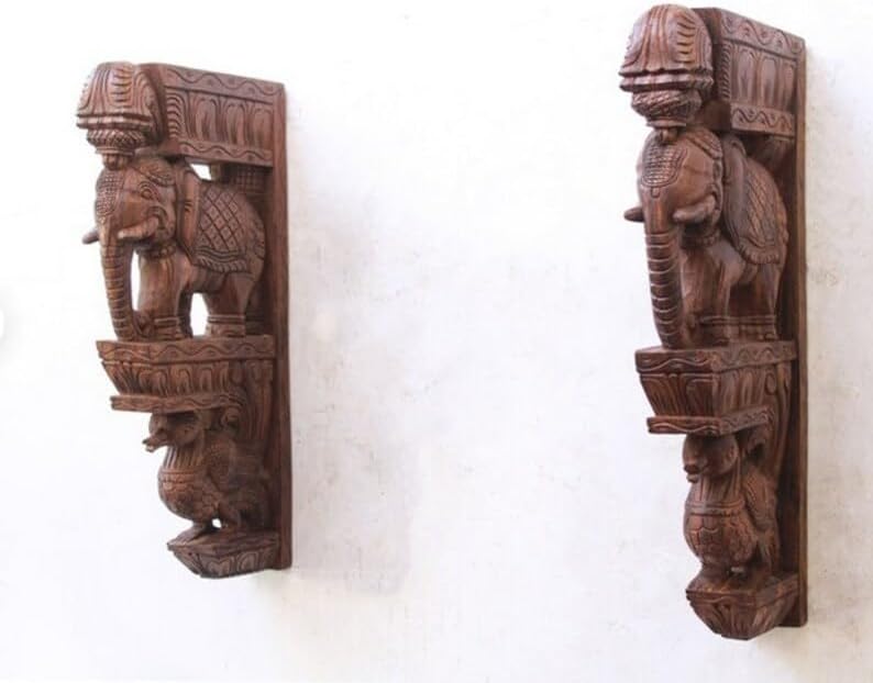 2 Pcs Wall Bracket Elephant Wooden Statue Vintage Home Decor