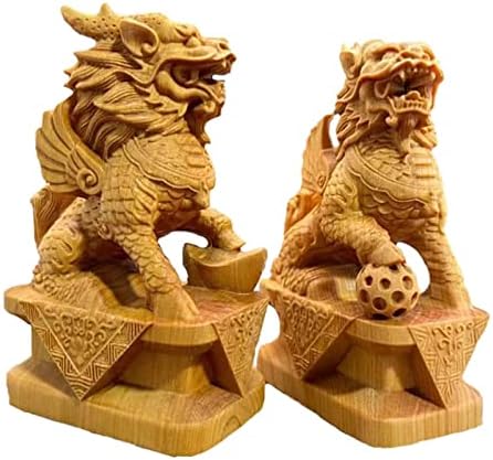 Pair of Fu Foo Dogs Statues Solid Wood Feng Shui Decor Figurines