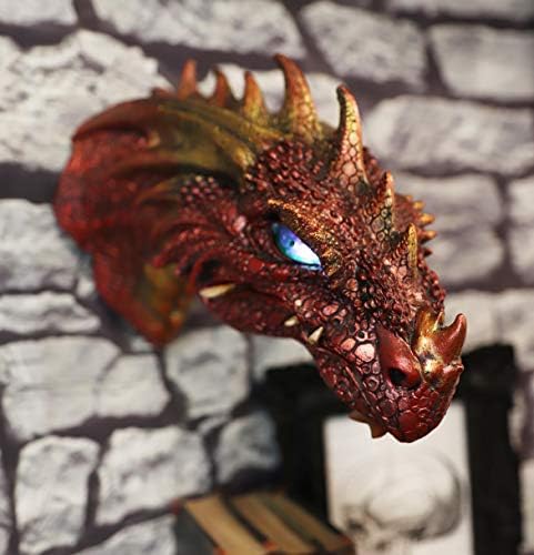 Fantasy Volcanic Fire Red Spiked Dragon Head Wall Decor With Color Changing LED Eyes