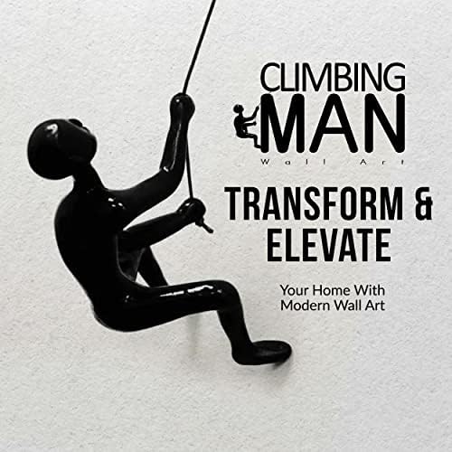 Climbing Man Wall Sculpture - 30 Inch Black Leather Rope
